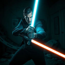 A dark and intense scene depicting a man wielding a lightsaber, showcasing his immense power and control