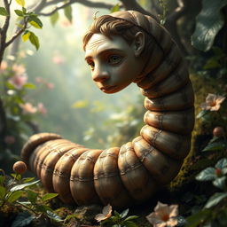 A surreal and imaginative depiction of a worm with a human head, featuring intricate details of both the worm's body and the human face