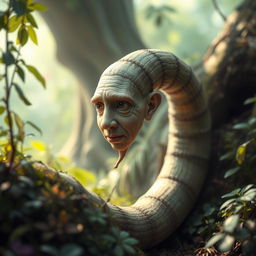 A surreal and imaginative depiction of a worm with a human head, featuring intricate details of both the worm's body and the human face