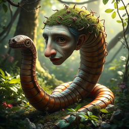 A surreal and imaginative depiction of a worm with a human head, featuring intricate details of both the worm's body and the human face