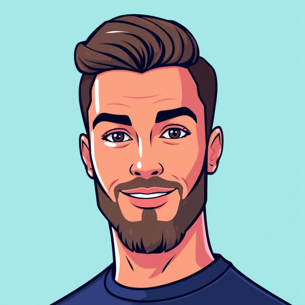 A stylized avatar of a handsome man with a slight beard, featuring a clean and modern design