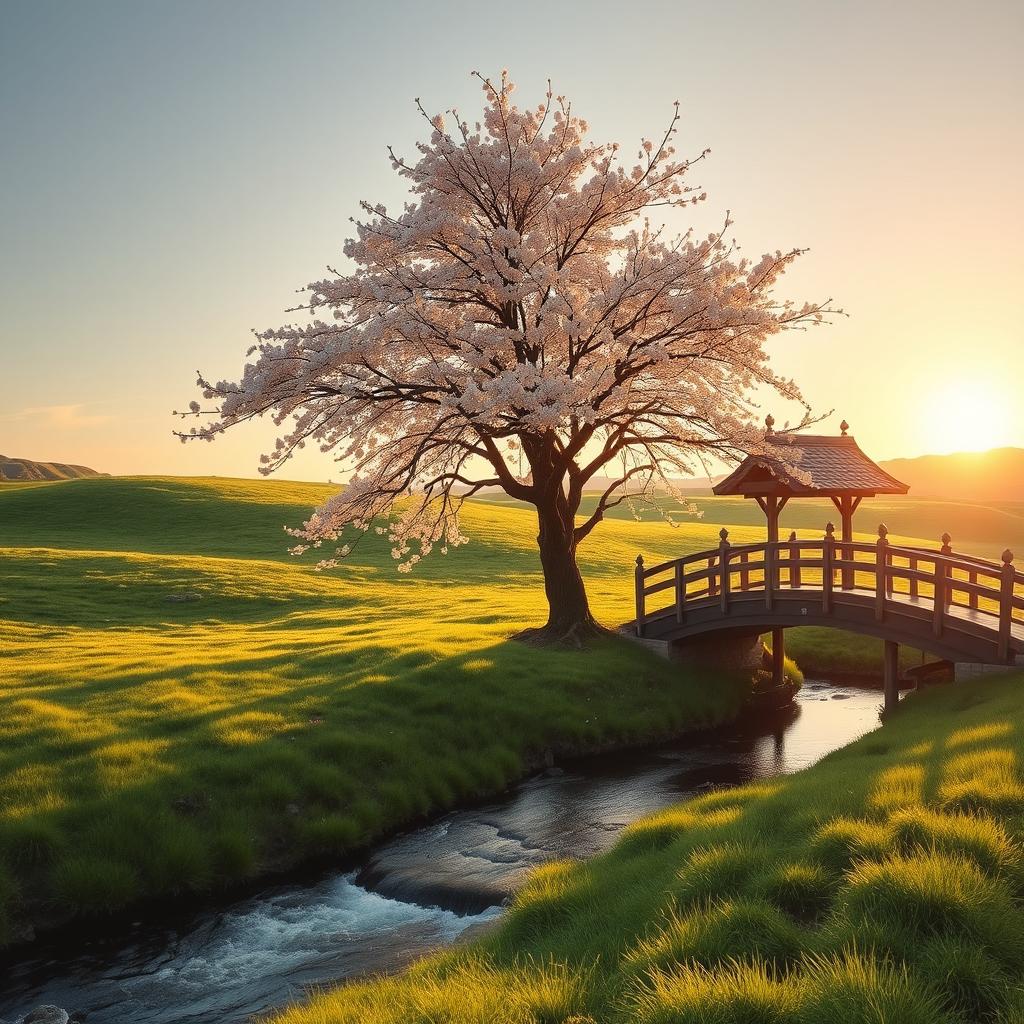 A serene landscape with a lone cherry blossom tree in full bloom, surrounded by soft green grass and a gentle flowing river