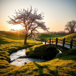 A serene landscape with a lone cherry blossom tree in full bloom, surrounded by soft green grass and a gentle flowing river