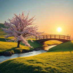 A serene landscape with a lone cherry blossom tree in full bloom, surrounded by soft green grass and a gentle flowing river