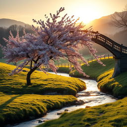 A serene landscape with a lone cherry blossom tree in full bloom, surrounded by soft green grass and a gentle flowing river