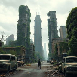 A post-apocalyptic cityscape, with abandoned skyscrapers overgrown with creeping vines and vegetation