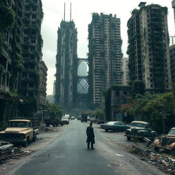 A post-apocalyptic cityscape, with abandoned skyscrapers overgrown with creeping vines and vegetation