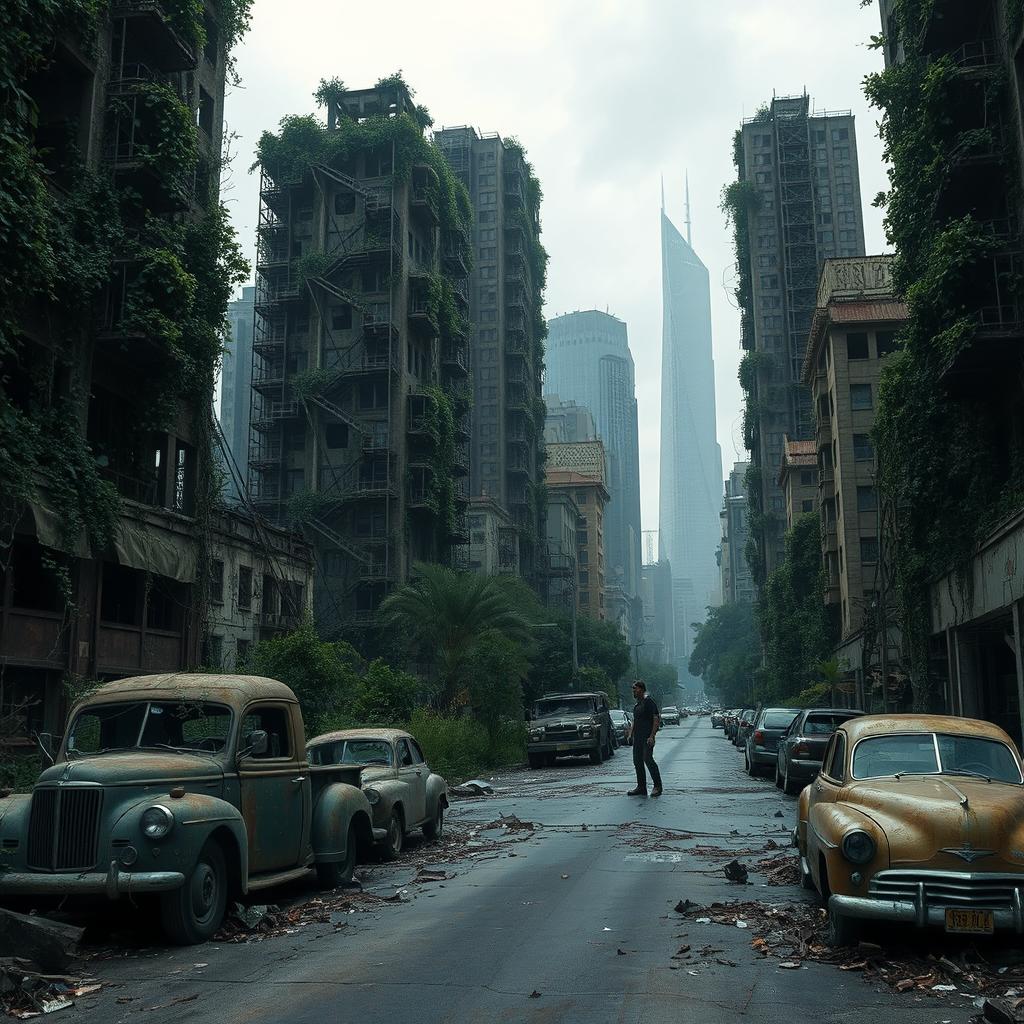 A post-apocalyptic cityscape, with abandoned skyscrapers overgrown with creeping vines and vegetation