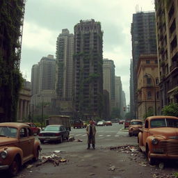 A post-apocalyptic cityscape, with abandoned skyscrapers overgrown with creeping vines and vegetation