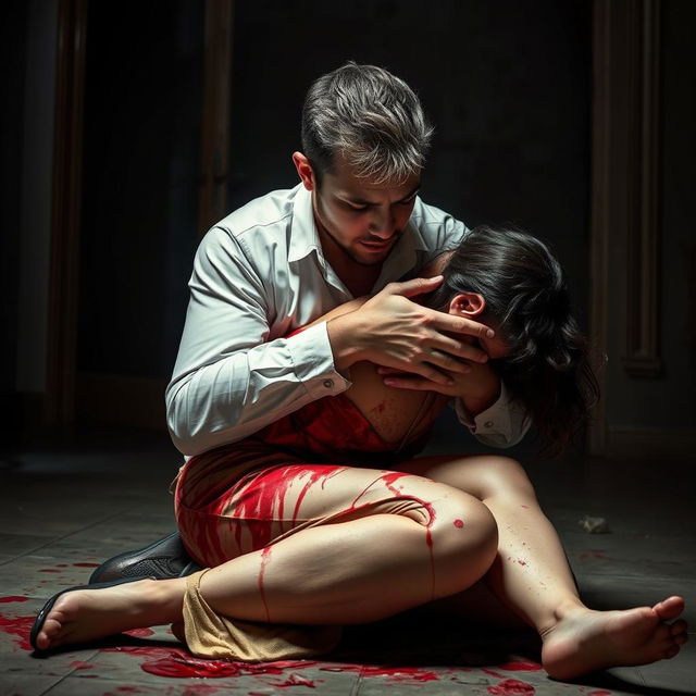 A man kneeling on the ground in despair, tears streaming down his face as he cradles his lover in his arms