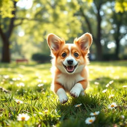 A delightful and adorable corgi, with fluffy fur and an endearing smile, playfully running in a lush green park with daisies