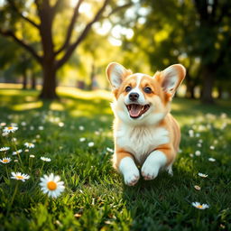 A delightful and adorable corgi, with fluffy fur and an endearing smile, playfully running in a lush green park with daisies