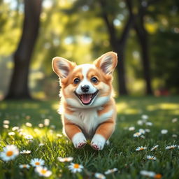 A delightful and adorable corgi, with fluffy fur and an endearing smile, playfully running in a lush green park with daisies