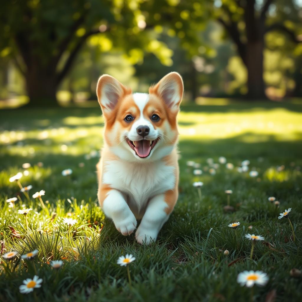 A delightful and adorable corgi, with fluffy fur and an endearing smile, playfully running in a lush green park with daisies