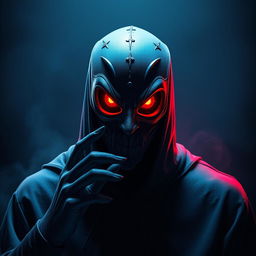 Zangado, o personagem mascarado de videogames, em uma pose ameaçadora, com olhos vermelhos brilhantes simbolizando a possessão