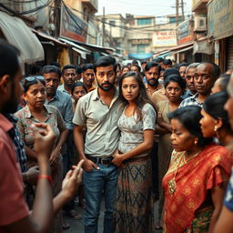 A dramatic scene capturing the moment a couple is caught in the act of infidelity by shocked community members