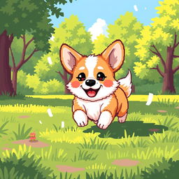 A delightful and adorable corgi in pixel art style, with fluffy fur and an endearing smile, playfully running in a lush green park