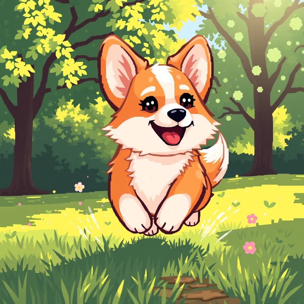 A delightful and adorable corgi in pixel art style, with fluffy fur and an endearing smile, playfully running in a lush green park