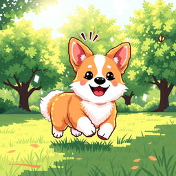 A delightful and adorable corgi in pixel art style, with fluffy fur and an endearing smile, playfully running in a lush green park