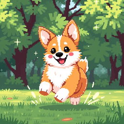 A delightful and adorable corgi in pixel art style, with fluffy fur and an endearing smile, playfully running in a lush green park