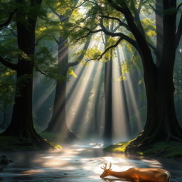 a serene forest landscape with mist gently rolling over the ground, tall ancient trees with thick, green foliage, a gentle stream flowing through the scene, and sunlight filtering through the leaves, casting magical patterns of light and shadow on the forest floor