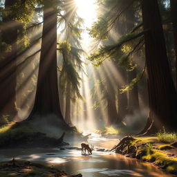 a serene forest landscape with mist gently rolling over the ground, tall ancient trees with thick, green foliage, a gentle stream flowing through the scene, and sunlight filtering through the leaves, casting magical patterns of light and shadow on the forest floor