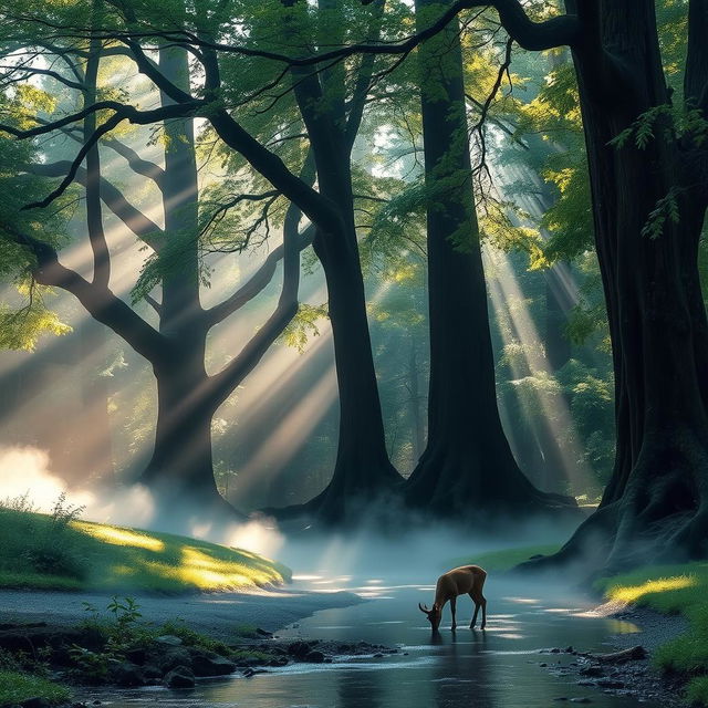 a serene forest landscape with mist gently rolling over the ground, tall ancient trees with thick, green foliage, a gentle stream flowing through the scene, and sunlight filtering through the leaves, casting magical patterns of light and shadow on the forest floor