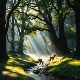 a serene forest landscape with mist gently rolling over the ground, tall ancient trees with thick, green foliage, a gentle stream flowing through the scene, and sunlight filtering through the leaves, casting magical patterns of light and shadow on the forest floor