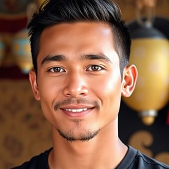 A handsome Indonesian man with a slight beard, showcasing his charming and confident demeanor