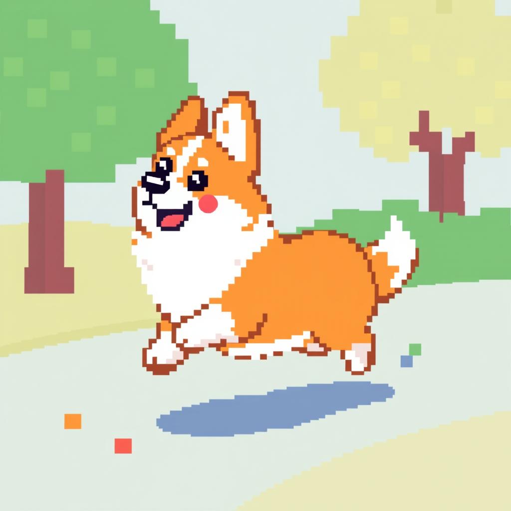 A delightful and adorable corgi in pixel art style, designed with clear quadrants for crafting purposes like knitting or crocheting