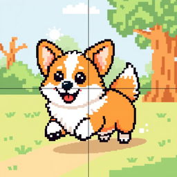 A delightful and adorable corgi in pixel art style, designed with clear quadrants for crafting purposes like knitting or crocheting