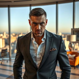 um homem zangado usando um terno elegante, com uma expressão intensa e olhos penetrantes