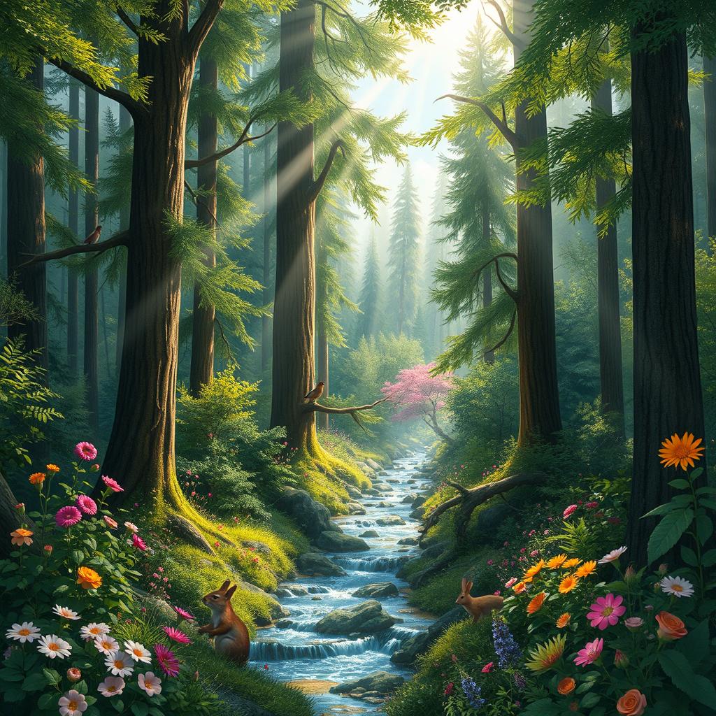 A vibrant and lush forest scene filled with tall, majestic trees and colorful flowers, with sunlight streaming through the branches, casting a beautiful dappled light pattern on the forest floor