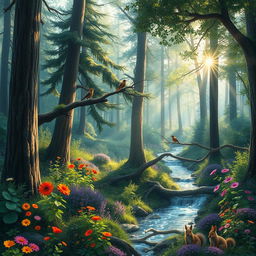 A vibrant and lush forest scene filled with tall, majestic trees and colorful flowers, with sunlight streaming through the branches, casting a beautiful dappled light pattern on the forest floor