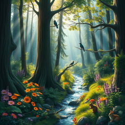 A vibrant and lush forest scene filled with tall, majestic trees and colorful flowers, with sunlight streaming through the branches, casting a beautiful dappled light pattern on the forest floor