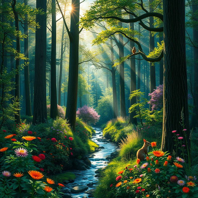 A vibrant and lush forest scene filled with tall, majestic trees and colorful flowers, with sunlight streaming through the branches, casting a beautiful dappled light pattern on the forest floor