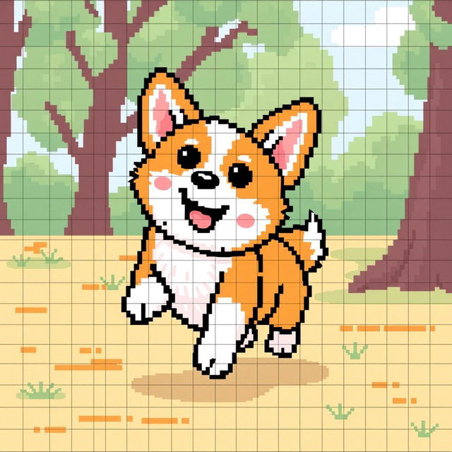 A delightful and adorable corgi in pixel art style, designed with clear gridlines for crafting purposes like knitting or crocheting