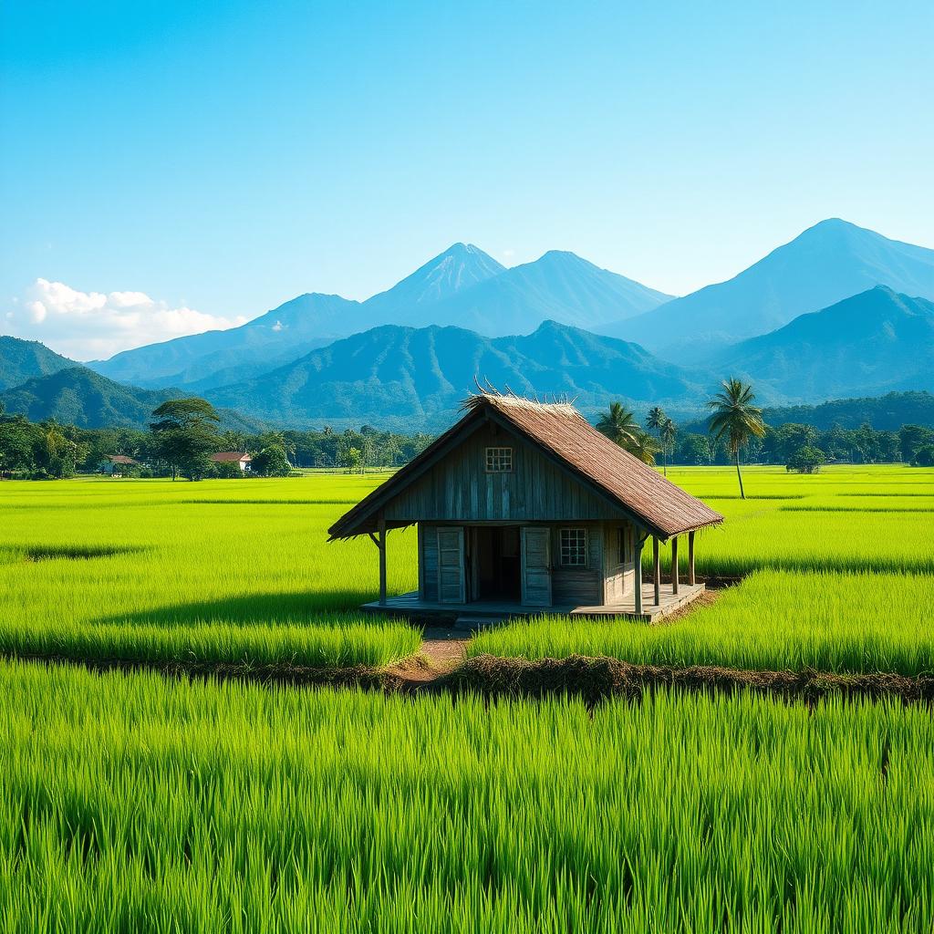 A serene and lush hut in the middle of rice fields, set against the backdrop of iconic Indonesian mountains