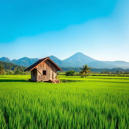 A serene and lush hut in the middle of rice fields, set against the backdrop of iconic Indonesian mountains