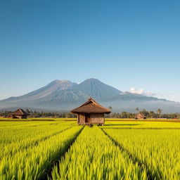 A serene and lush hut in the middle of rice fields, set against the backdrop of iconic Indonesian mountains