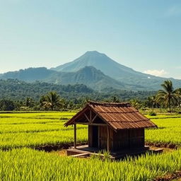 A serene and lush hut in the middle of rice fields, set against the backdrop of iconic Indonesian mountains