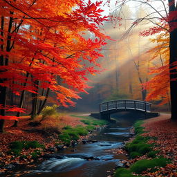 A serene autumn landscape featuring a picturesque maple forest with leaves in vibrant shades of red, orange, and yellow