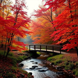 A serene autumn landscape featuring a picturesque maple forest with leaves in vibrant shades of red, orange, and yellow