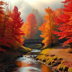 A serene autumn landscape featuring a picturesque maple forest with leaves in vibrant shades of red, orange, and yellow