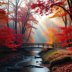 A serene autumn landscape featuring a picturesque maple forest with leaves in vibrant shades of red, orange, and yellow