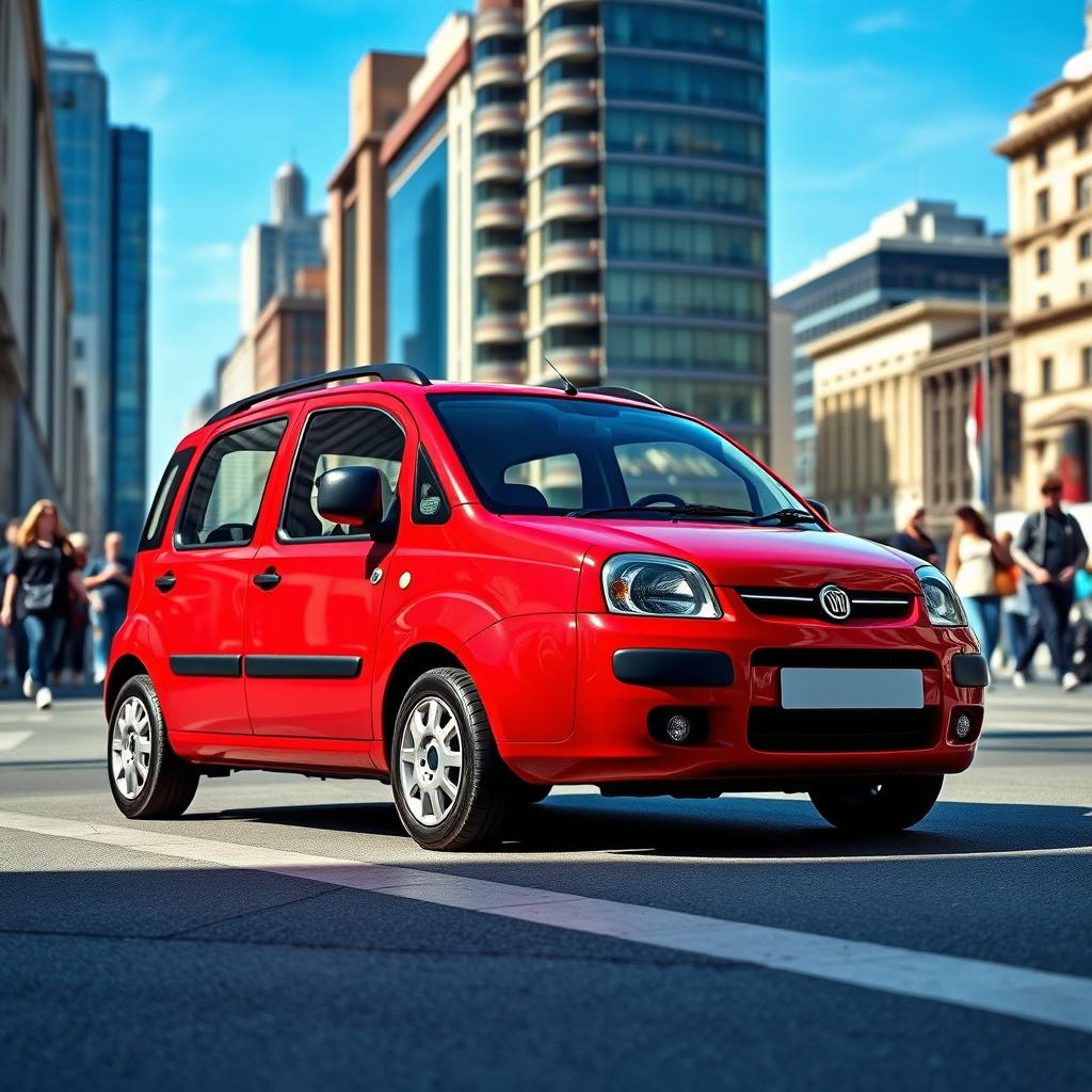 A red Fiat Panda second series 2007 model with a sleek black roof and black side mirrors positioned in an urban street setting