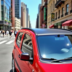 A red Fiat Panda second series 2007 model with a sleek black roof and black side mirrors positioned in an urban street setting