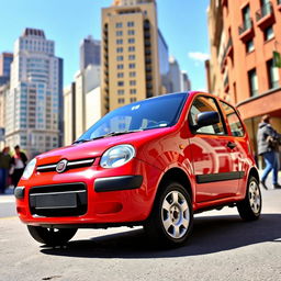 A red Fiat Panda second series 2007 model with a sleek black roof and black side mirrors positioned in an urban street setting