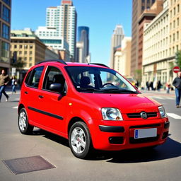 A red Fiat Panda second series 2007 model with a sleek black roof and black side mirrors positioned in an urban street setting