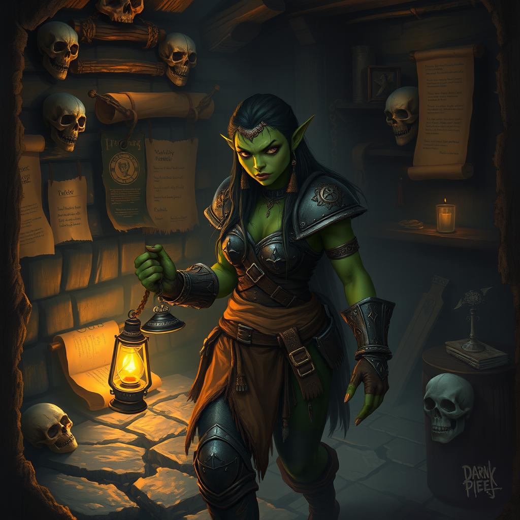 An orc woman with rugged features and green skin, wearing tribal armor, wandering through her dimly lit house holding a flickering oil lamp